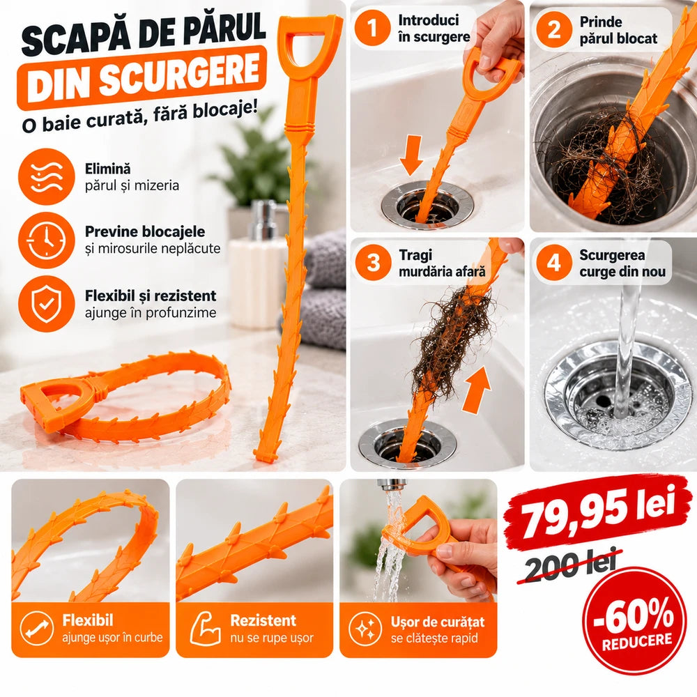 Desfundător Flexibil pentru Scurgeri, Scoate Părul din Chiuvetă, Cadă și Duș fără Chimicale